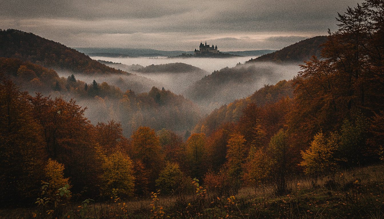Šumovita karpatska dolina u jesenjoj magli pod oblačnim nebom