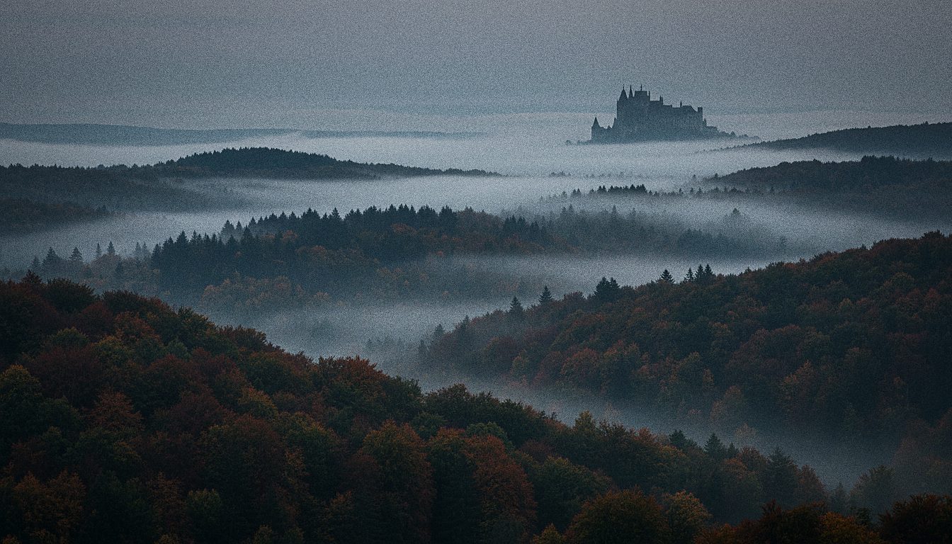 Maglovita šumovita brda rumunjskih Karpata u sumrak sa siluetom dalekog dvorca