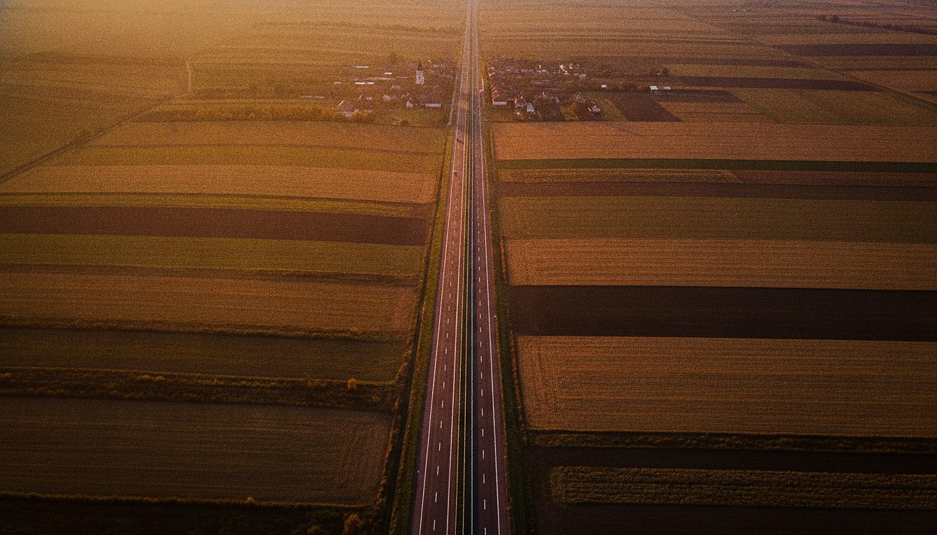 Flat farmland and a motorway in Prahova county at golden hour, a village on the horizon