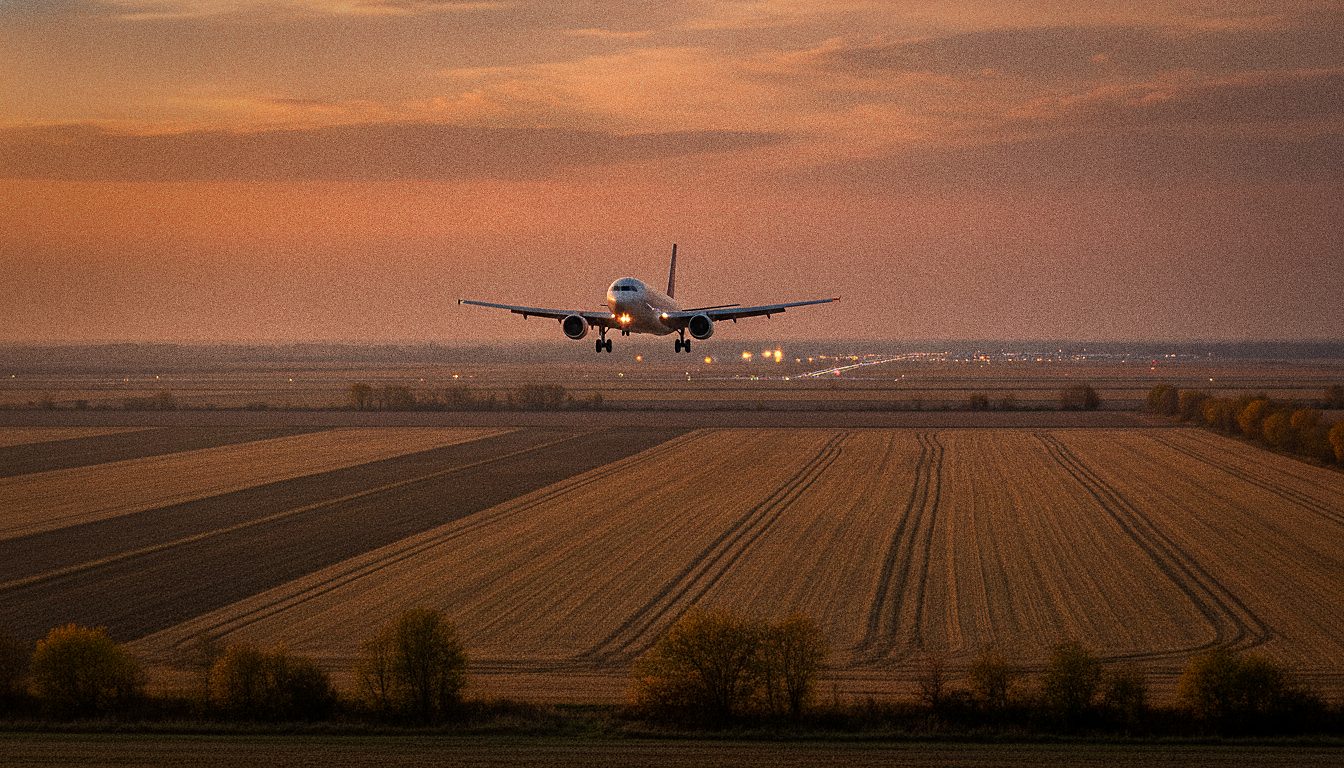 Aircraft on approach over fields near Bucharest at dusk