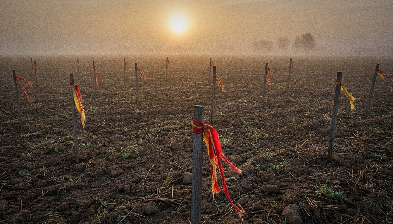 Survey stakes in a foggy agricultural field on the Wallachian plain at sunrise