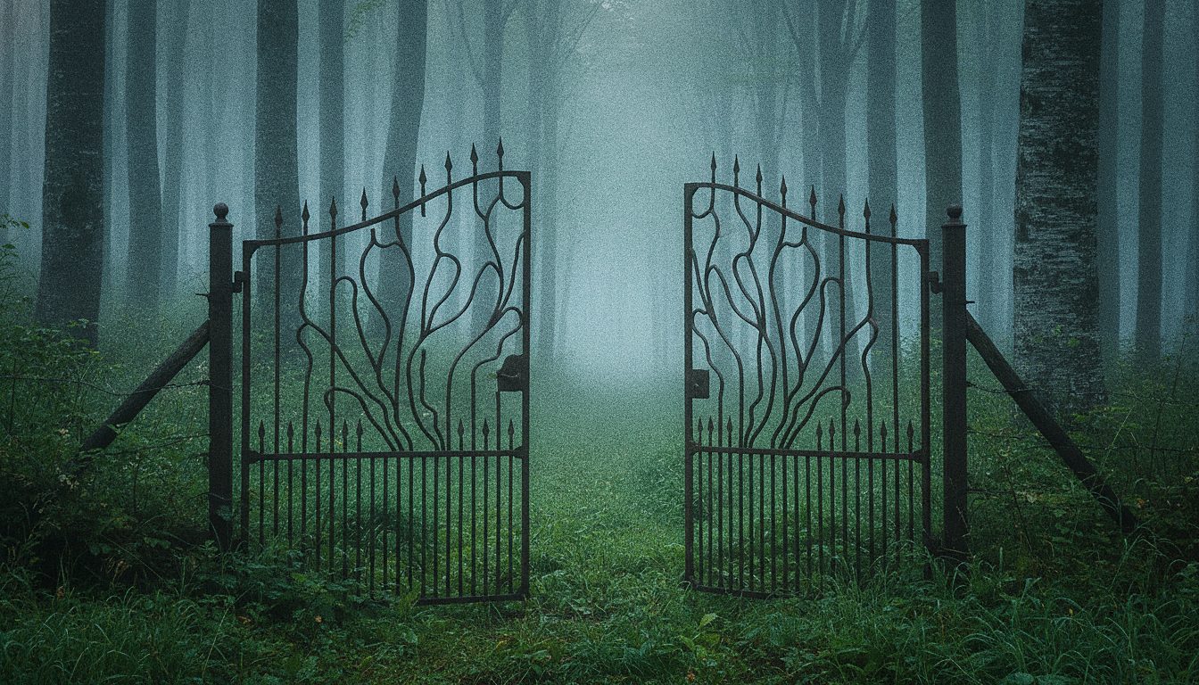 Old wrought-iron gate at the edge of a misty Carpathian forest at dawn